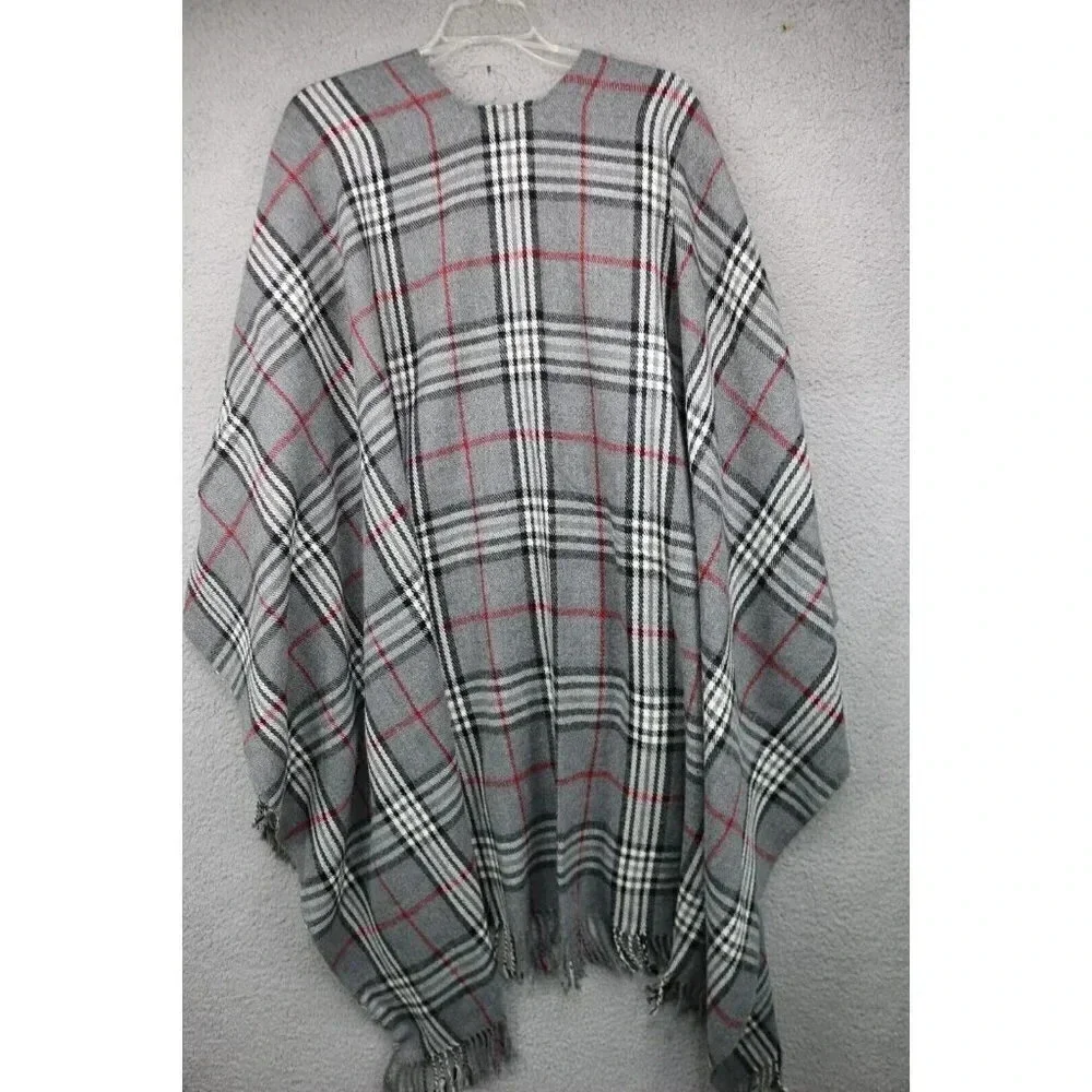 V. Fraas Women's Ruona Gray & Red Plaid Fringed Wrap-Poncho-One Size